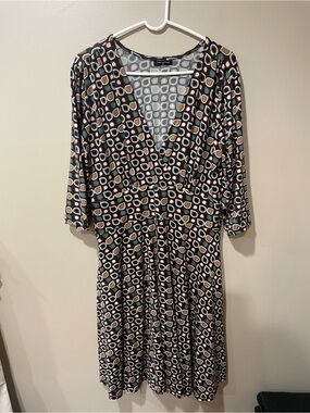 Geometric Print Black Midi Wrap Dress with Cream & Pink Accents